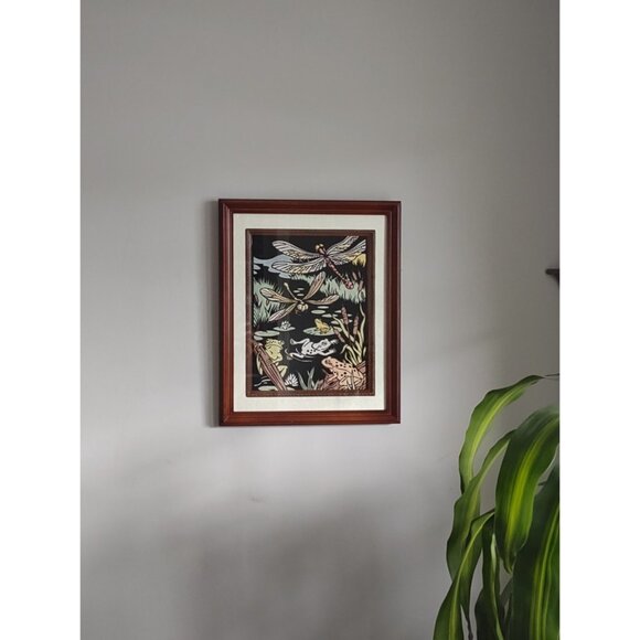 Vintage Dragonfly Frog Toad Pond Swamp Lake Foxtail Black Velvet Framed Painting - Picture 2 of 12